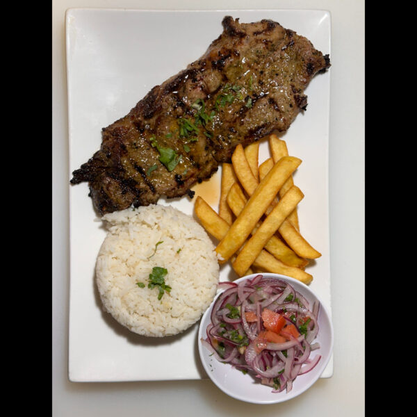 Grilled Shell Steak, Rice, Beans & French Fries